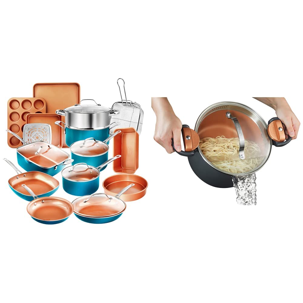 Photo 1 of Gotham Steel Cookware + Bakeware Set, 20 Piece, Turquoise & 5 Quart Stock Multipurpose Pasta Pot with Strainer Lid & Twist and Lock Handles, Nonstick Ceramic Surface Makes, Graphite Turquoise Set + Pasta Pot, Graphite