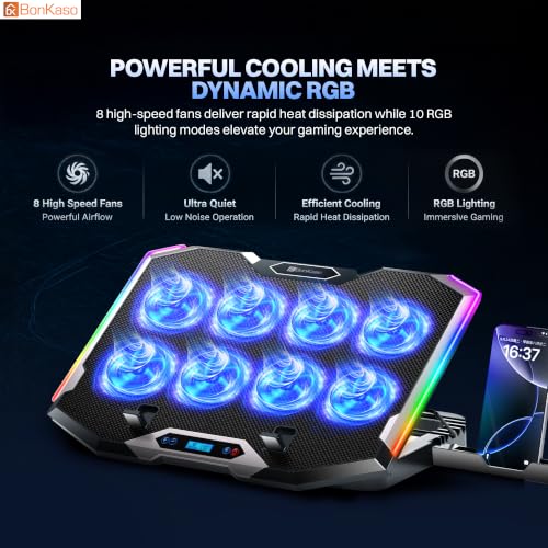 Image of Bonkaso RGB Laptop Cooling Pad with 8 High-Speed Fans, 10 RGB Modes, Smart LED Display, 6-Level Adjustable Stand, Detachable Phone Holder, Dual USB Ports, Iron Mesh, Quiet Operation
