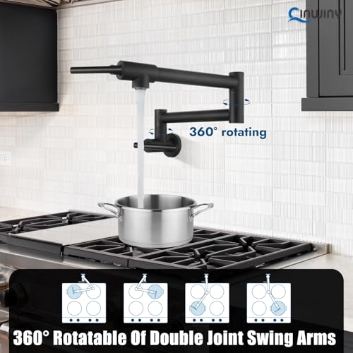 Image of Pot Filler Faucet Wall Mounted Folding Stretchable Kitchen Sink Water Tap with Double Joint Swing Arm Single Hole Two Handles Restaurant Kitchen Faucets, Matte Black, T-Shape Handle
