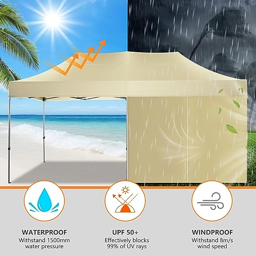 Image of COBIZI 10x20 Heavy Duty Pop Up Canopy Tent with 6 Sidewalls Thicken Frame, Commercial Easy Up Outdoor Wedding Party Tents, All Season Waterproof Windproof with Stakes Sandbags Ropes Roller Bag, Khaki