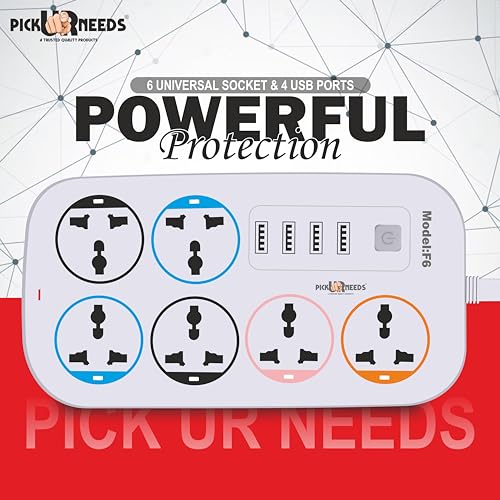 Image of Pick Ur Needs Extension Cord /Board /Power Strip with 4 USB Charging Ports and 6 Socket -10 Amp for Multiple Electronic Devices Smartphone Tablet Laptop