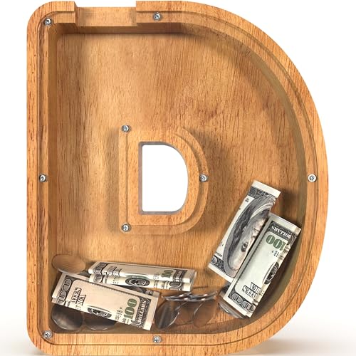 Image of Piggy Bank for Kids, Boys, Girls, Large Personalized Wooden Letter Piggy Bank with Cut Out Design, Alphabet Letter Coin Banks, Money Savings Box, Wooden Bench for Kids Creative