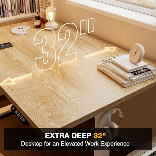 Image of Grandder 63x32 Large Electric Standing Desk, Height Adjustable Computer Desk with 2 Memory Presets, 31.5 inch Deep Desktop Sit Stand Desk Home Office Desk Workstation Table with Hooks, Oak
