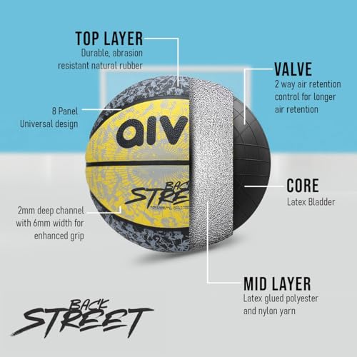 Image of Aivin Back Street Basketball, Rubberized Moulded Basketball Game, for Match, Training, Outdoor Ball, Durable for Practice, Suitable for All Surface, 8 Panel, Material-Rubber (Yellow /Black) Size 7
