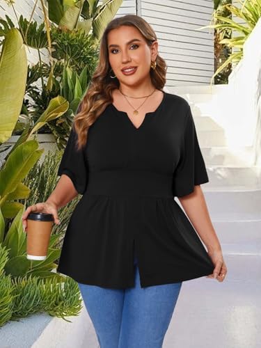 Beauhuty Women's Plus Size Shirts V Neck Loose Tops Ruffle Short Sleeve Blouse Casual Work Trendy Dressy Shirred Tunic2