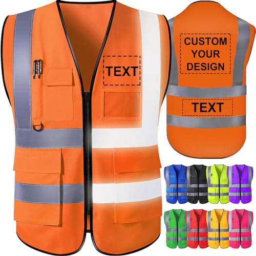 GBVllexuii Gilet de sécurité personnalisé pour hommes avec poches logo Orange gilets réfléchissants haute visibilité vêtements de travail de sécurité de construction protection extérieure M