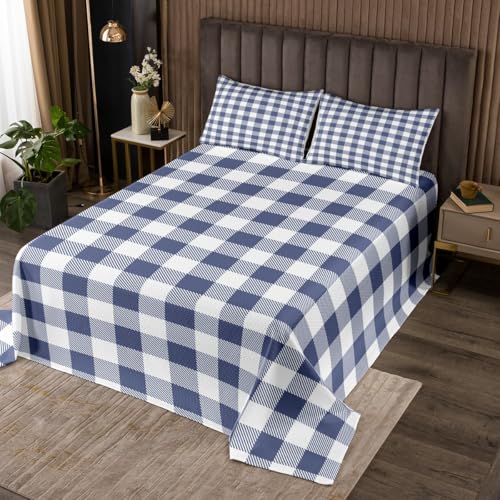 Erosebridal Plaid Navy Blue Quilt Set Twin Size for Kids Boys Girls,Geometric Grid Coverlet Set,Buffalo Checkered Bed Cover Bedroom Decor,Modern Bedspread Set