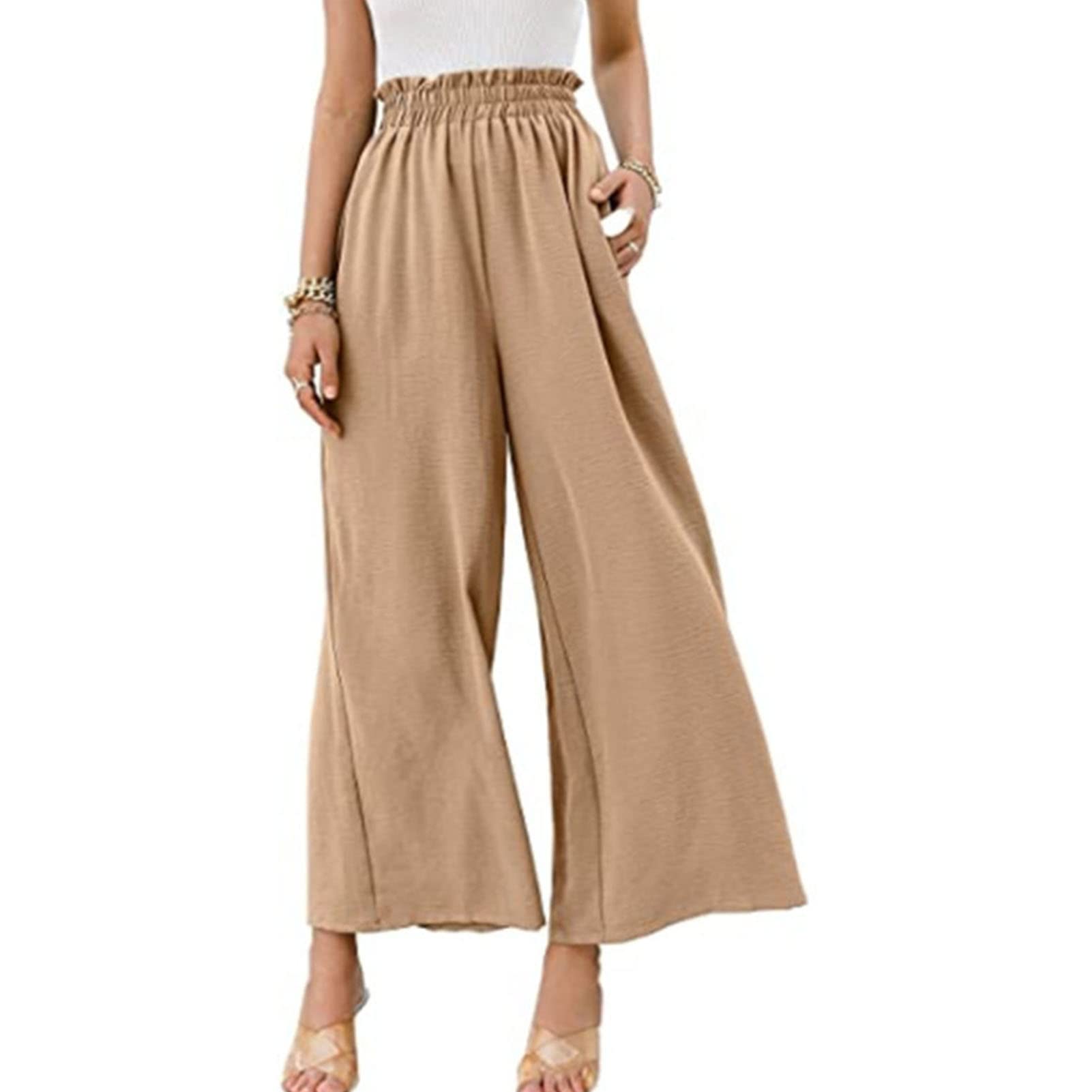 Maiyifu-GJ High Waisted Pants for Women Casual Loose Flowy Wide Leg Pants Elastic Waist Solid Comfy Lounge Flare