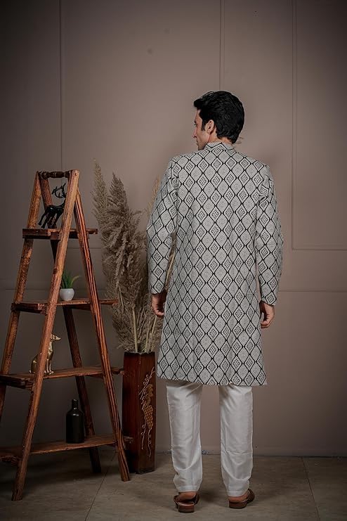 Image of Amzira Men's Soft Cotton Indo Western Kurta Pyjama Set with Mandarin Collared Neck Long Sleeves Button Closure and Solid Pant