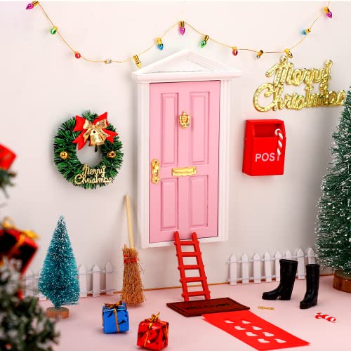 20 Pcs Christmas Girl Fairy Doors Decorations Enchanted Doors Tiny Outdoor Xmas Decor Wooden Tiny Miniature for Xmas Accessories Fairy Tale(Pink Door)