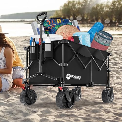Sekey XXL Plus Bollerwagen Faltbar mit Bremsen 200L 200KG Belastbar, Extra Breite Reifen All Terrain Bollerwagen, Patentiert Zusammenfaltbar aus Vier Richtungen, XXL-PlusB 4011, Schwarz