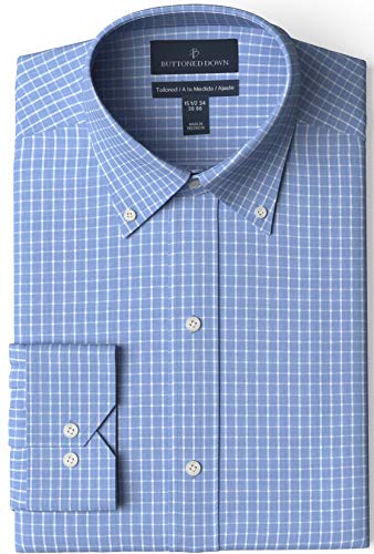 Amazon Brand - Buttoned Down Men's Tailored Fit Button-Collar Pattern Non-Iron Dress Shirt, Blue Check 15.5
