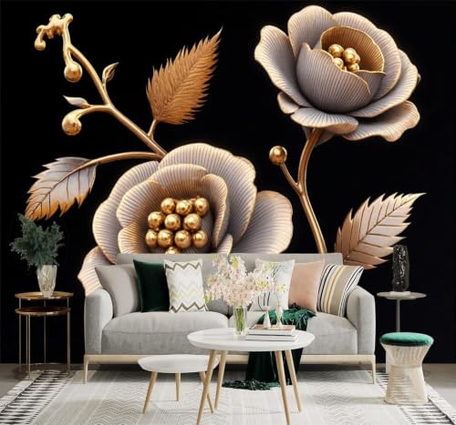 XLMING Fondo Negro Elegante Flor Dorada Pétalos Metálicos Hojas 3D Papel Pintado Pared Premium Textura Seda Estudio Comedor Vinilos Dormitorio Sofás TV Cocina-350cm×256cm