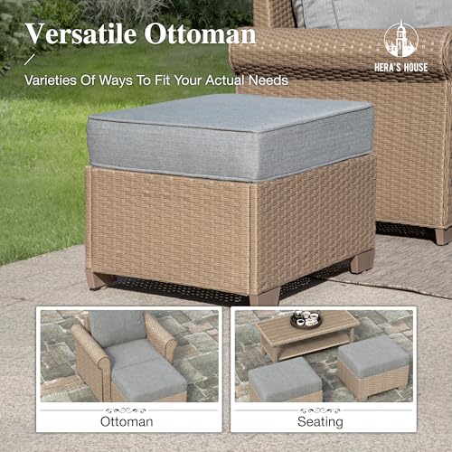 Image of HERA'S HOUSE Patio Furniture Set, 4 x Cushioned Chairs, 3-Seat Sofa with Wood Grain Coffee Table, 5 Seats Luxury Windsor Style All Weahter Outdoor Sofa Conversation Set for Deck Lawn Backyard