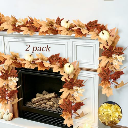 Cherica 2 Pack Fall Garland with Lights-Total 12Ft Autumn Leaves Garland for Mantle...