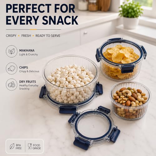 Image of Kmils Plastic Air Tight Container Set for Kitchen Storage | Clear Round Food Containers with Airtight Lock Lids | Fridge Storage Containers for Fruits, Vegetables & Herbs (400ml, 800ml, 1600ml)