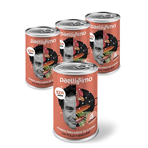 Paellissimo - Caldo Concentrado para Arroz de Carne elaborado con Pollo y Verduras | 100% Natural y Sin Gluten | 4 Raciones x Lata (Contenido por Lata 400gr) | 4 unidades
