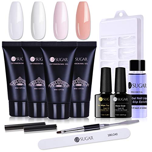 UR SUGAR Nail Extension Gel Kit 30ml Clear White Pink Nude Color Building Gel Enhancement Kit with Slip Solution Base Gel No Wipe Top Coat All-in-One French Manicure Kit for Starter DIY at Home