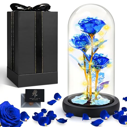KIMIGO Rosa Eterna,Kit de Rosas,Kit de Rosas Eternas Azules de La Bella y La Bestia,Luces LED y 1 Tarjeta,Regalo Sorpresa para Boda Aniversario Día de la Madre Cumpleaños Día de San Valentín