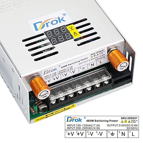 Image of DROK 60V Power Supply, AC 110V 220V to DC 0-60V 0-8A 480W Buck Converter, Amp Adjustable Adapter Regulated 12V 24V 36V 48V 60Volt Switching Voltage LED Transformer Charger for Computer CCTV Lab