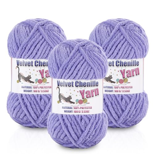 Image of 3 * 100g /3.5oz Fluffy Chenille Yarn for Crocheting, Chunky Velvet Yarn for Crochet Amigurumi, Used for Making Baby Yarns Blanket, Clothes, Pattern Knitting Creations (Light Lavender)