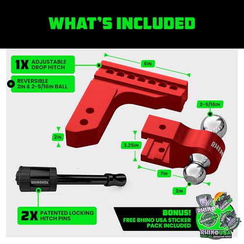 Image of Rhino USA Adjustable Trailer Hitch (Fits 2-Inch Receiver) - Heavy Duty Aluminum Tow Hitches with 6-Inch Drop /Rise for Truck (12,500 LBS GTW) - Weatherproof Double Anti-Theft Locking Hitch Pins (Red)
