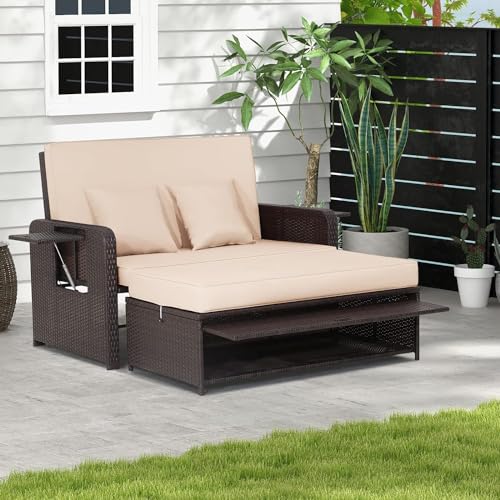GIANTEX Sofá de Jardín de Ratán con Reposapiés, Sillón 2 Plazas con Respaldo Ajustable y Mesa Auxiliar Plegable, Espacio de Almacenemiento, Mueble de Ratán con Cojín para Terraza, Patio, Color Marrón