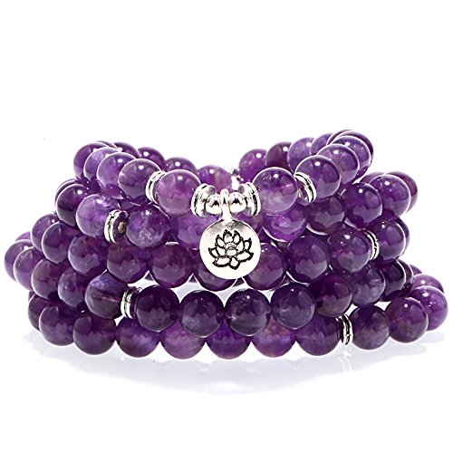 ZHEPIN 8MM Amethyst 108 Mala Beads Charm Bracelet for Men Women Yoga Bracelet Necklace
