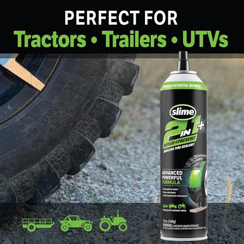 Image of Slime 60199 2-in-1 Repair & Prevent Tubeless Tire Sealant, Instant Flat Tire Fix, Seals up to 1 /4 inch Punctures Without Valve Core Removal, for Tractors, UTVs, Trailers & More, 12 Fl Oz