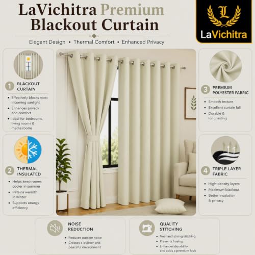 Image of LaVichitra 2 Pieces Solid Premium Blackout Curtains - Thermal Insulated, 3 Layered, 100% Opaque Window - 6 feet, Ecru