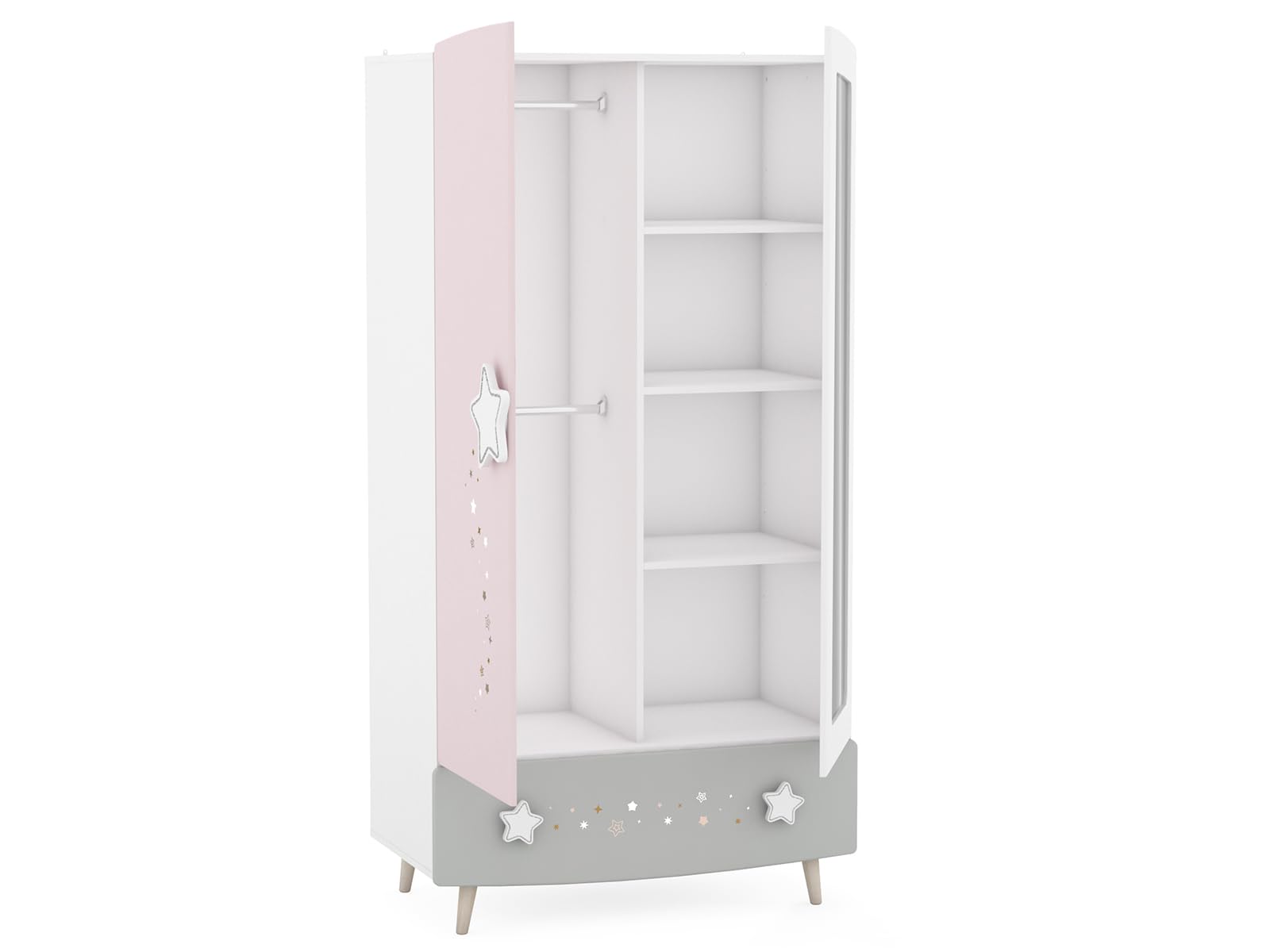 möbelando Prinzessin Kinder Kleiderschrank mit Himmelssternen und Ganzkörperspiegel, 2 Türen, 1 Schubkasten, 2 Kleiderstangen, Massivholzfüße - 89x185x50 cm (B/H/T), Rosa/weiß/grau #einfach zuckersüß