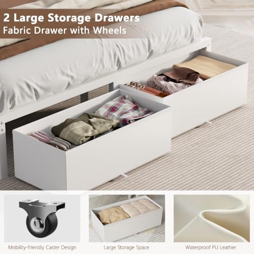 Image of Furnulem White Queen Bed Frame with PU Upholstered Headboard & 2 Drawers