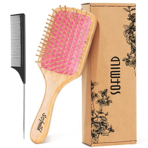 Hair Brush- Wooden Paddle Hair Brushes for Women Men and Kids Make Thin Long Curly Hair Health and Eco-Friendly Massage Scalp Brush, Detangler Tail Comb Hair Brush Set(PINK)