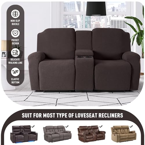 Image of KinCam Loveseat Recliner Covers with Middle Console Slipcover, Recliner Sofa Covers 2 Seat Couch Cover Stripe Jacquard Furniture Protector Covers with Elastic Bottom for Kids, Pets(Chocolate)