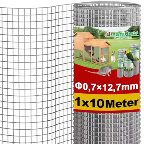 Amagabeli Galvanisé Mailles Carrées Fil Épais 0.7mm Maille 1.0M X 10M, Mailles(12x12mm) Grillage Soudé pour Poulailler, Clôture de Jardin et Volière
