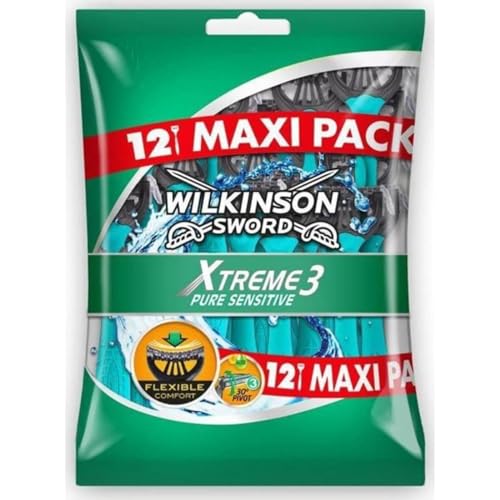 Wilkinson Sword Xtreme 3 Pure Sensitive Comfort Rasoirs Jetables Masculins - Pack de 12 (L'emballage peut varier)
