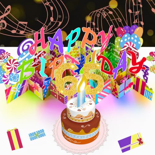 Image of 65th Pop-Up Musical Birthday Card, Blowable LED Candle for Women and Men