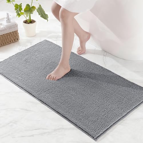 Exclusivo Mezcla Alfombra de Baño de Chenilla – Super Suave, Antideslizante y Absorbente, Secado Rápido y Lavable a Máquina, para Baño, Ducha y Decoración del Hogar, 60 x 120 cm, Gris Claro