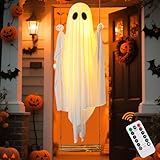 Halloween Deko Outdoor Geister Leuchtend, Große Hängende Schaukel Geist Halloween Dekoration mit 8 Lichtmodi Fernbedienung Timer und Lichterkette, Gruselige Geist für Garten, Veranda, Hof, Baum (A)