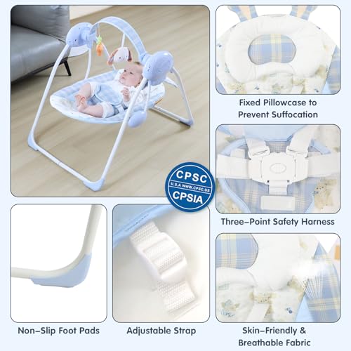 Image of Portable Baby Swing for Infants, Compact & Foldable Infant Swing with 5-Speed Swing,Music, Timer, Cushioned Seat, Battery Operated, 0-9 Months 6-20 lbs,SG2401