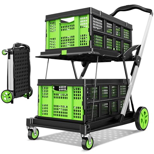 Collapsible Shopping Cart, 8-in-1 200LBS Multi Functional Utility Cart with 2 Storage Crate,Adjustable Handle Grocery Cart on Wheels for Shopping/Warehouse/Office/Supermarket -Green