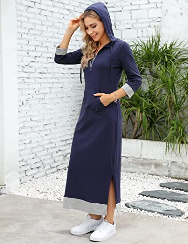 Image of MISSKY Women Casual Pocket Quarter-Zip Neck 3 /4 Sleeve Slim Split Pullover Hoodie Maxi Dress