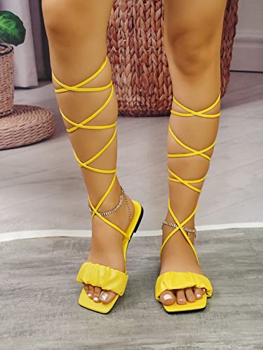 Gorglitter Lace Up Strappy Flat Sandals Ruched Wrap Open Toe Slide Sandals Yellow Cn43 #TOP6