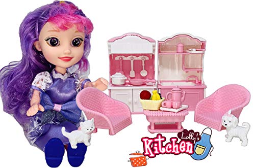 Image of Tickles Baby Girl's Prime Playing Doll with Small Size Kitchen Play Set with 1 Tiny Puppy and Cat, Furniture, Accessories Dolls for 2 Year+ Birthday Gifts (Color: Purple)