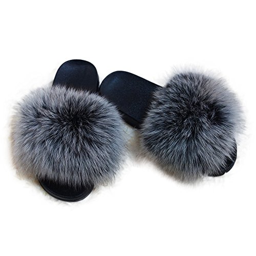 Manka Vesa Women Winter Real Fox Fur Feather Vegan Leather Open Toe Single Strap Slip On Sandals Gray,EU42-43/US9