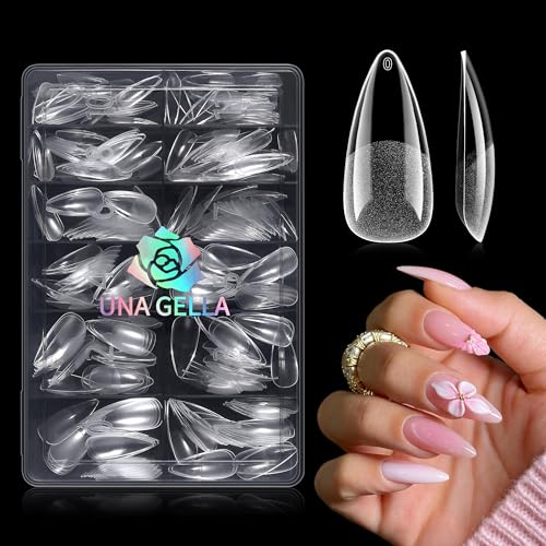 UNA GELLA Medium Stiletto Nail Tips 240 Pcs Pre-Etched Soft Gel Nail Tips Stiletto Press on Nails Clear Full Coverage Acrylic Fake Nails for Extension DIY Salon at Home 12 Sizes Included