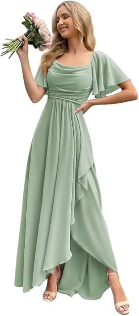 Women's Chiffon Bridesmaid Dresses for Women with Sleeves Split A Line F...