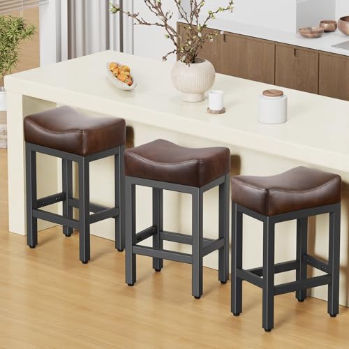 Image of Raynesys Counter Height Bar Stools Set of 3, 24 Inch Barstools for Kitchen Island Counter, Bonded Leather Kitchen Stools with Thick Saddle Seats & Heavy Duty Metal Base, Easy Assembly, Brown /Black