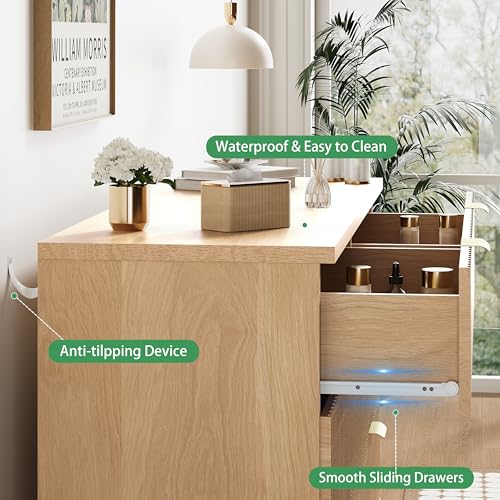 Image of Fluted Dresser for Bedroom with 10 Drawers, 48 inch Wide Modern Chest of Drawers with Metal Handle, Wooden Dresser TV Stand, Wood Closet Clothes Storage Organizer for Living Room, Hallway, Natural Oak