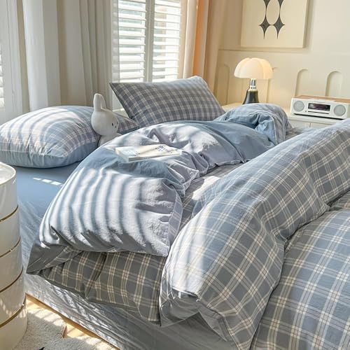 Image of Plaid Duvet Cover Full Size Blue White Gingham Grid Reversible Bedding Set 3 Pcs Checkered Geometric Soft Breathable Microfiber Comforter Cover Set with Zipper Closure and 2 Pillowcases